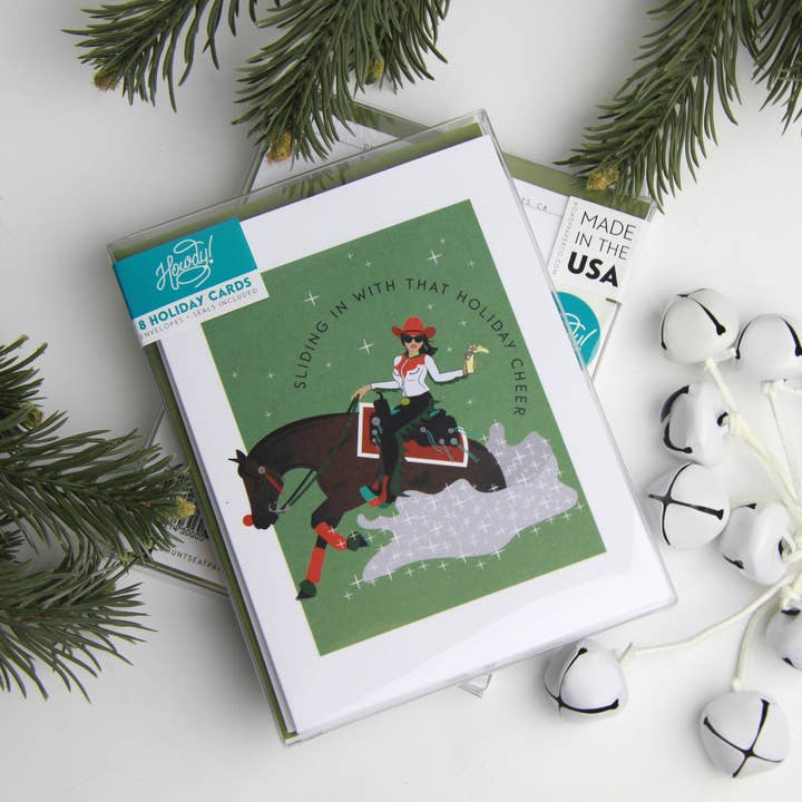 Hunt Seat Paper Co. - Wholesale Christmas Card - Sliding In Holiday Card - Reining Horse Cowgirl Christmas2