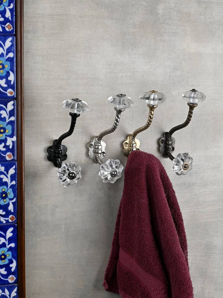 Clear Glass Handmade Wall Hanger| Vintage Wall Hooks | Coat Hook |Metal Wall Hooks |Furniture Hardware Hooks | Bath Hooks for wholesale by KNOBCO