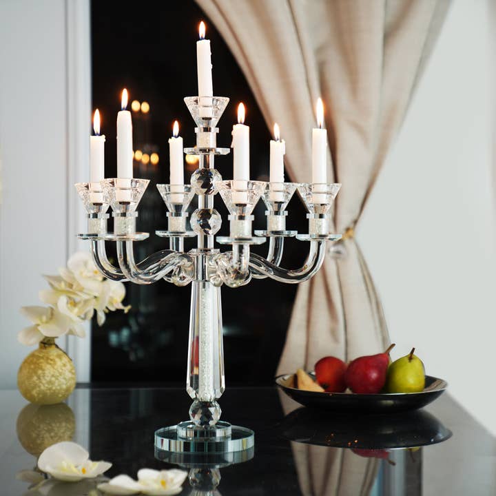 Boker-Tov Shalom - Wholesale Candle Holder - Crystal Candelabra 7 Arm Middle Stem Round Crystals