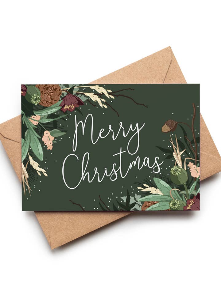 Glædelig jul Grønt botanisk blomsterkantlykønskningskort for engroshandel hos Wildwood Paper