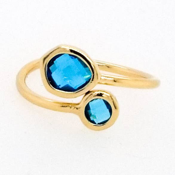 #RFT24G- Framed Glass Adjustable Ring- Capri Blue Gold for wholesale by The Beaded Wire Designs