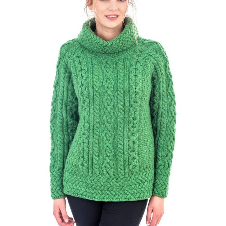 Green Merino Vented Roll Neck Aran Sweater for wholesale by Dublin Gift Company