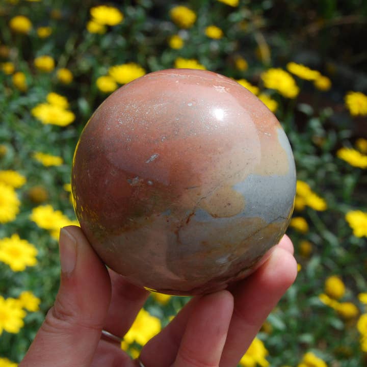 XL 1.2lb Polychrome Jasper Carved Crystal Sphere for wholesale by Caspar Curiosities