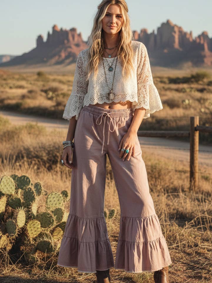 Steen gewassen geweven gelaagde ruche wijde broek voor wholesale door Sewn and Seen