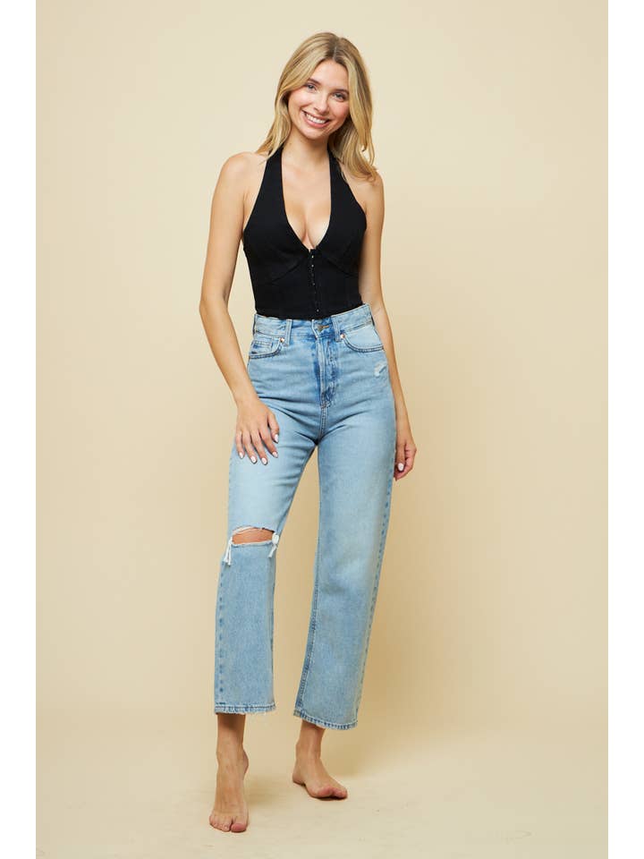 black 10026 - V-SHAPED HALTER NECK DENIM TOP for wholesale on Faire