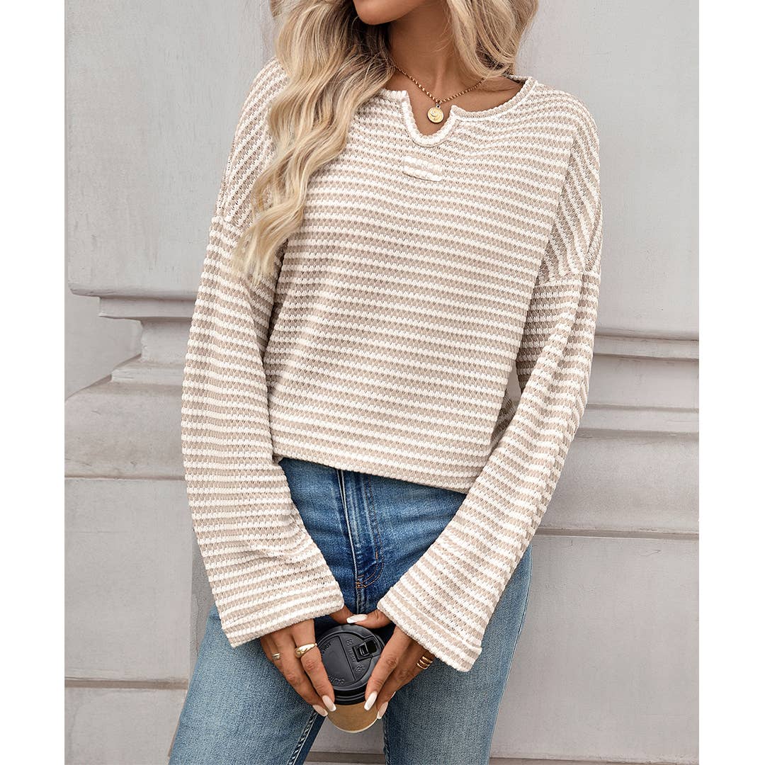 UNISHE - Wholesale Blouse - Women's - Striped Waffle Knit Long Sleeve Top MD2370