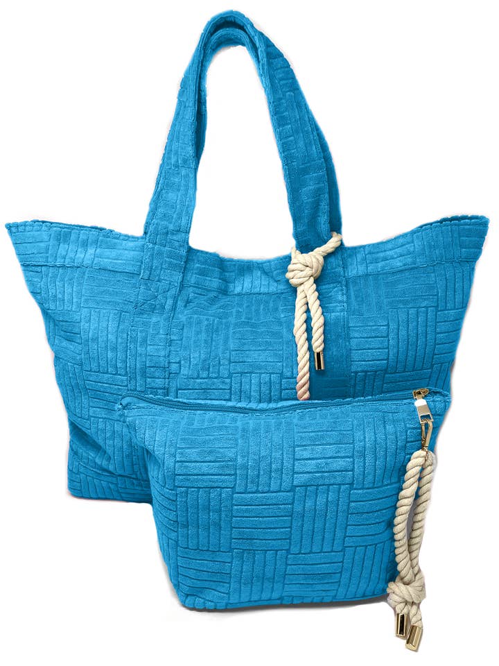 Azure Blue Terry Weekender Set with Waterproof Clutch for wholesale by Bette