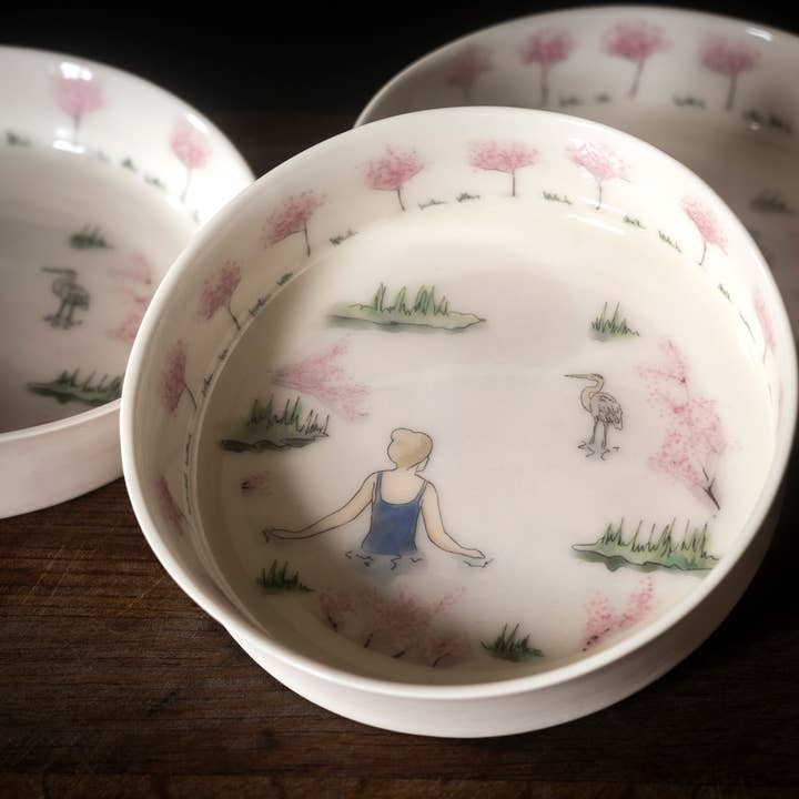 Individually Made Porcelain Cherry Blossom Swimming Bowl for wholesale by Becky Mackenzie Ceramics