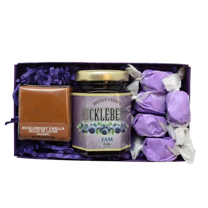 Coffret cadeau de confiture de huckleberry, taffy et caramel pour la vente par Spokandy Chocolatier