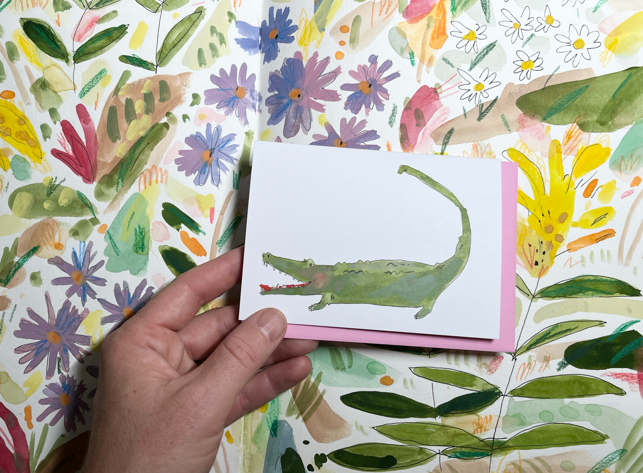 ELIZABETH GRAEBER art + illustration - Wholesale Stationery/Notecard Set - Illustrated alligator notecard with mint green envelope1