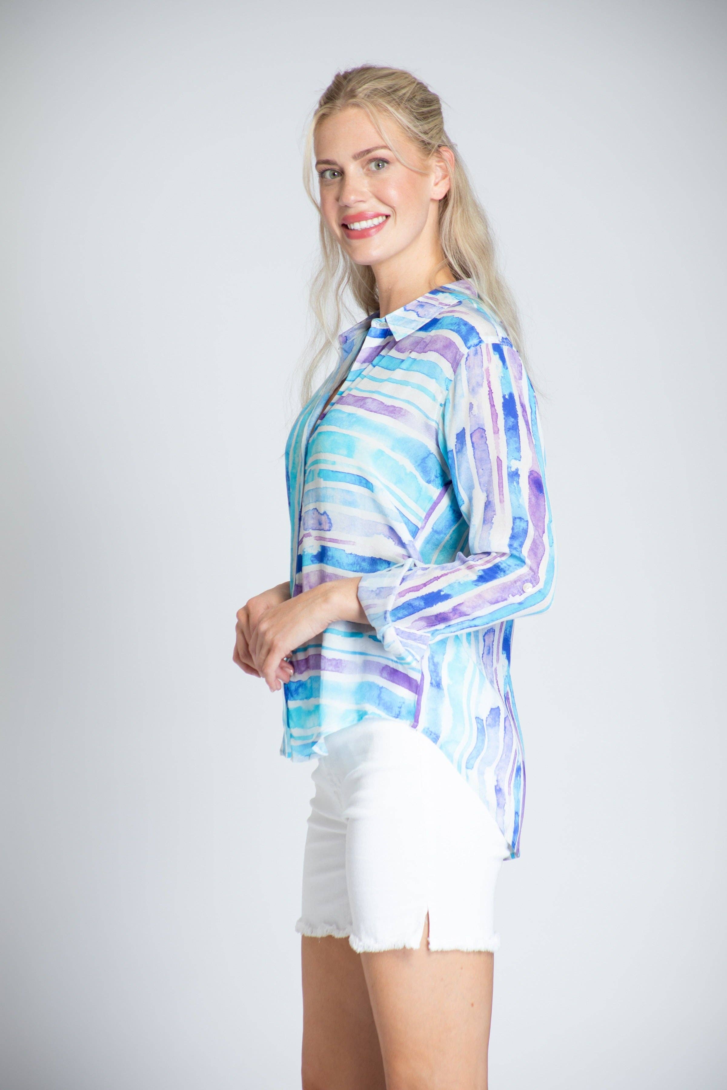 No Color Watercolor  Stripe Print - Button-up With Roll-up Sleeve for wholesale on Faire1