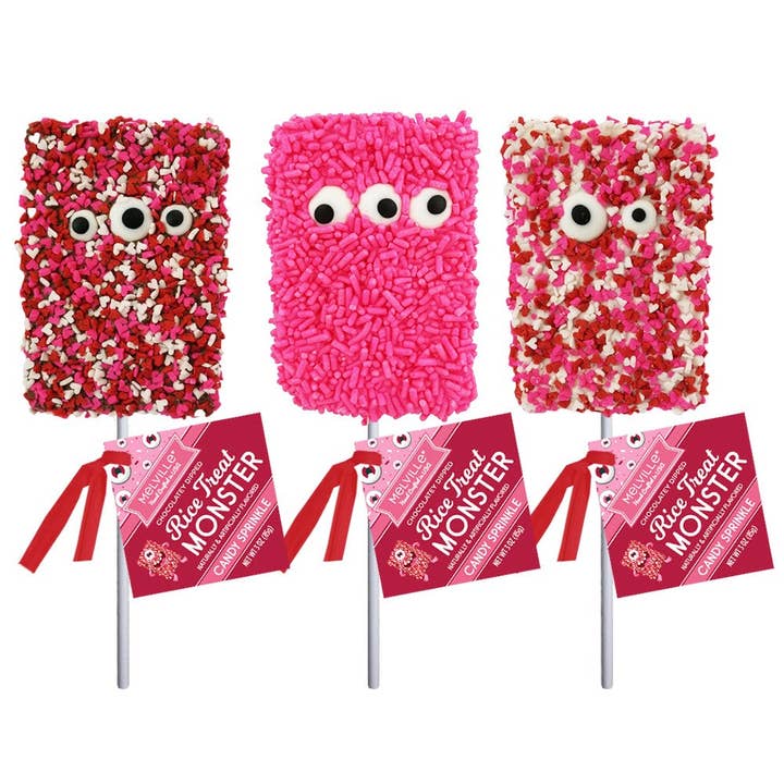 Valentine Monster Sprinkle Rice Treat Pops for wholesale by Melville Candy Company