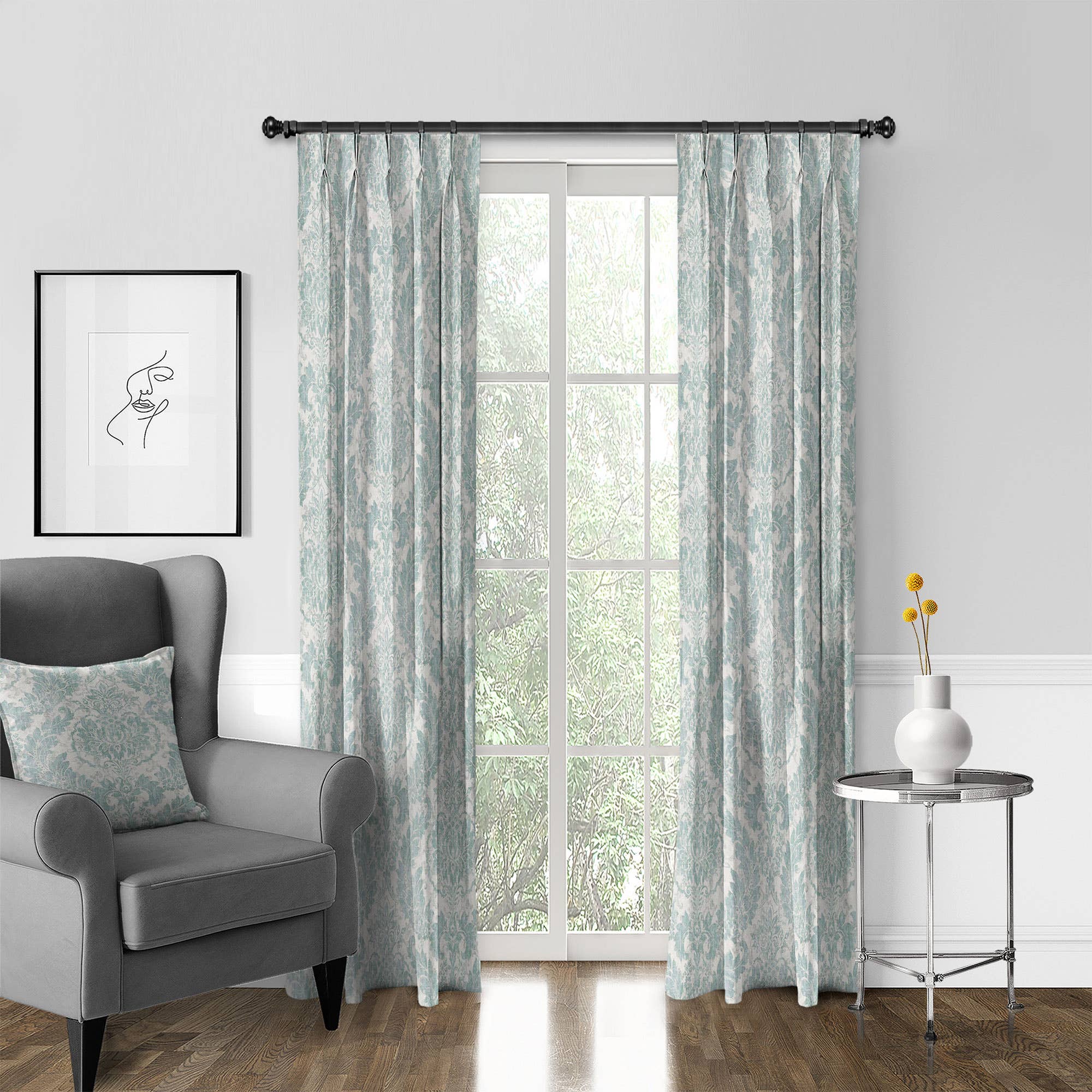 6ix Tailors Fine Linens – wholesale Drape – Damaskus Linen Mist Pinch Pleat Drapes Pair1