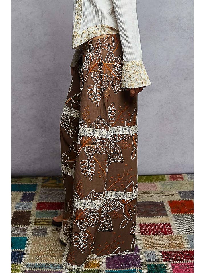 Pol Clothing - Wholesale Pants - Women's - Crochet lace patch embroidered woven floral pattern pants1