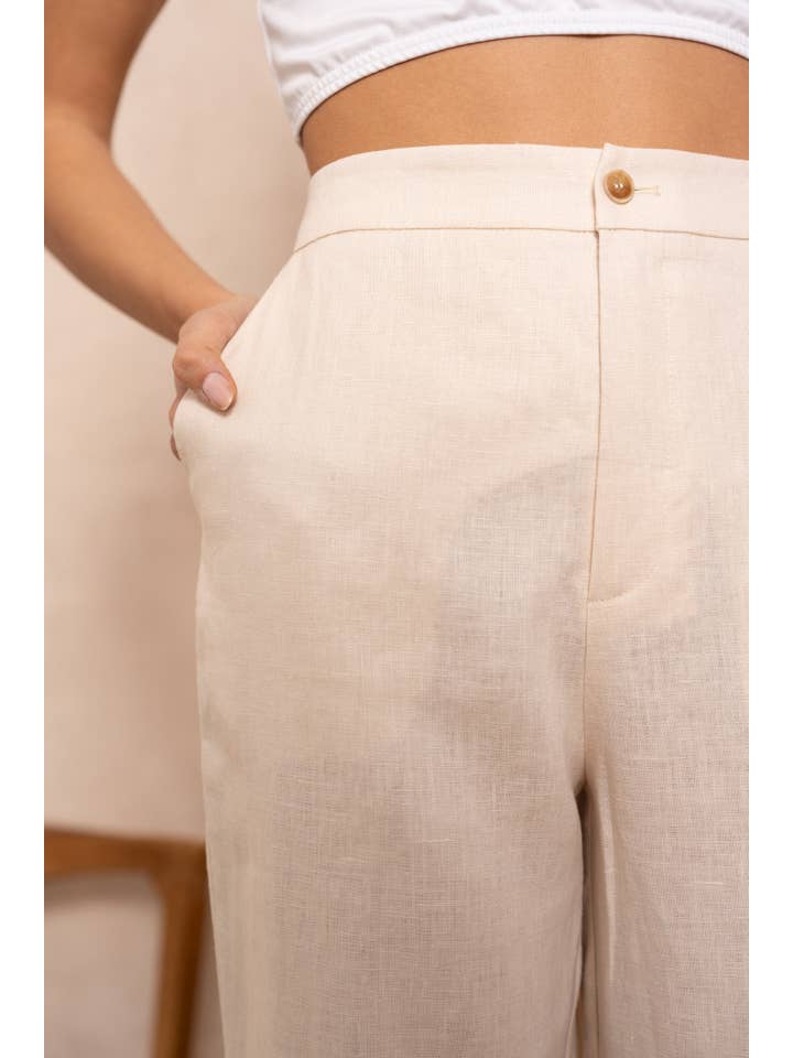 Attentif Paris - Venta al por mayor Pantalones - Mujer - Pantalón recto liso de lino de calidad superior22