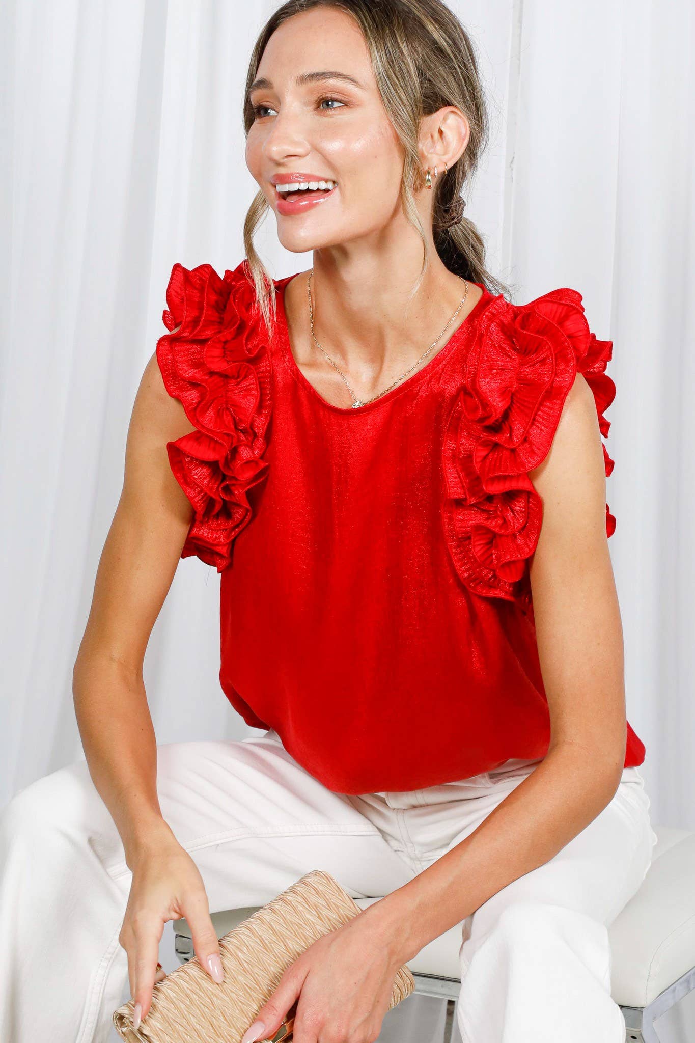 Vine & Love - Vendita all'ingrosso Camicetta - Donna - Blusa senza maniche metallizzata in tessuto intrecciato con volant plissettati VT60373A1