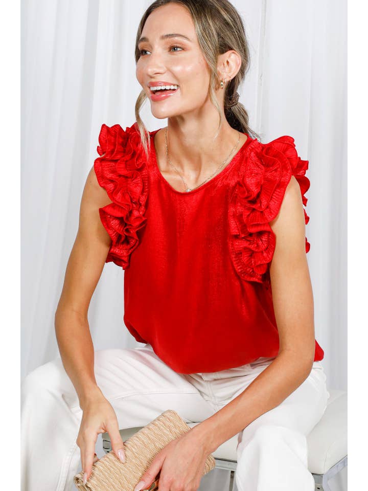 Vine & Love - Vendita all'ingrosso Camicetta - Donna - Blusa senza maniche metallizzata in tessuto intrecciato con volant plissettati VT60373A1