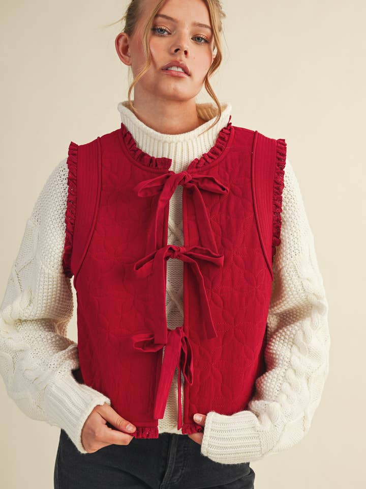 &MERCI - Wholesale Outerwear Vest - Women's - FLORAL QUILTED LACE TRIM BOW TYING VEST MJK411319