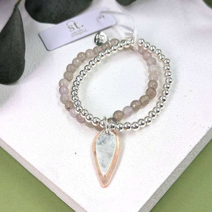 Agate and silver stretchy beaded bracelet with organic drop charms for wholesale by Tempest Designs