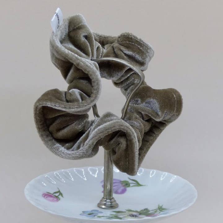 Beige velvet scrunchie for wholesale by Eunoia Paris