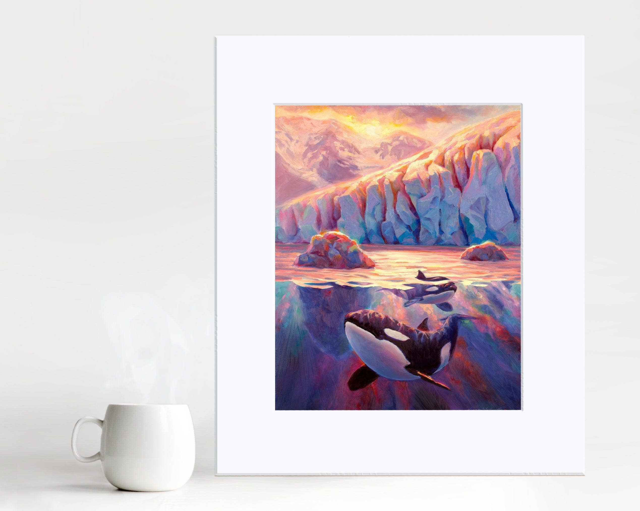 Whitworth Gallery - Wholesale Art Print - Orca Sunrise - Killer Whale Painting With Alaska Glacier5