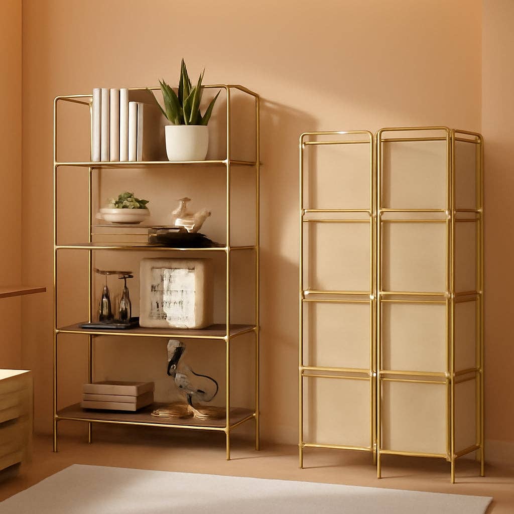 No Assembly Foldable Bookshelf 4 Tier Gold Bookcase for wholesale on Faire0