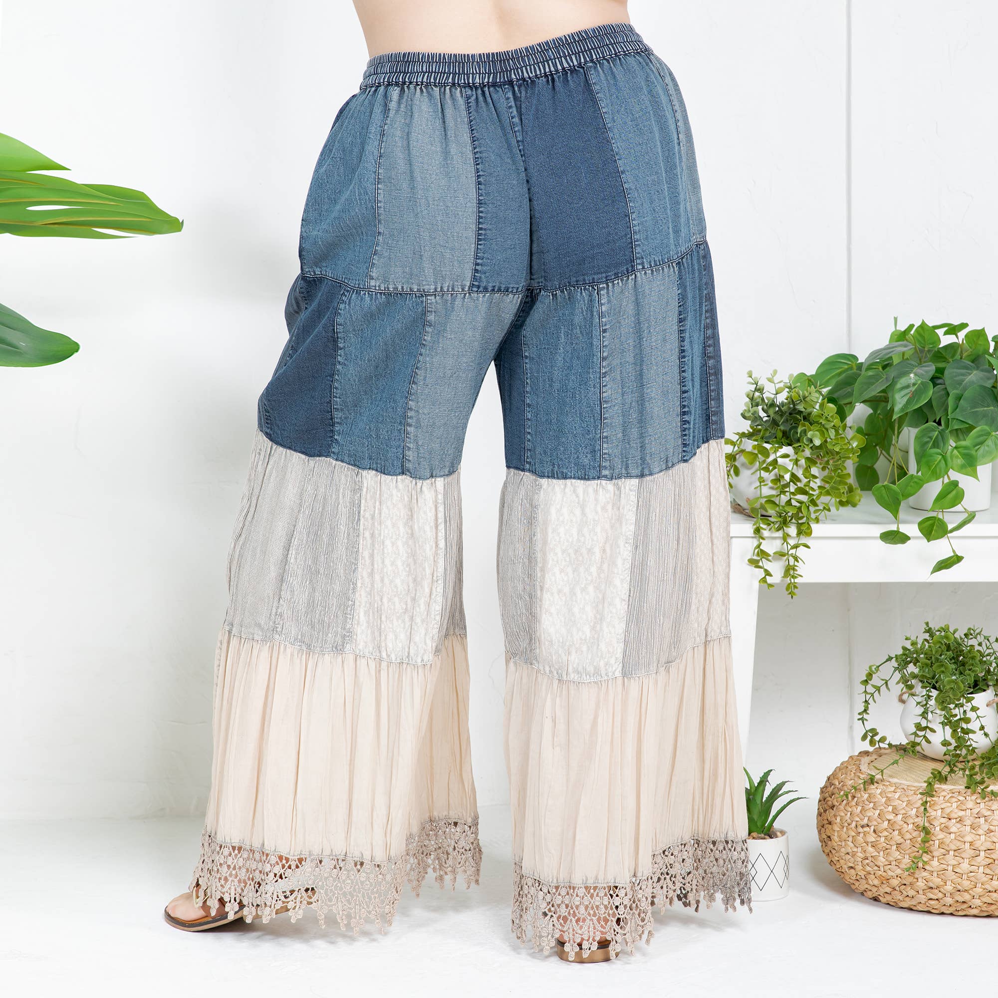 Young Threads - Vendita all'ingrosso Pantalone - Donna - Pantaloni lunghi in denim ispirati al boho con toppa solida (nuovo colore)18