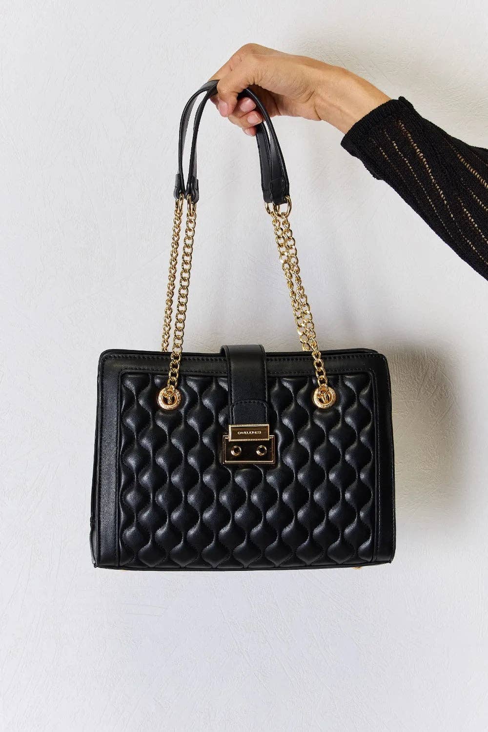 Black David Jones Quilted PU Leather Handbag for wholesale on Faire5