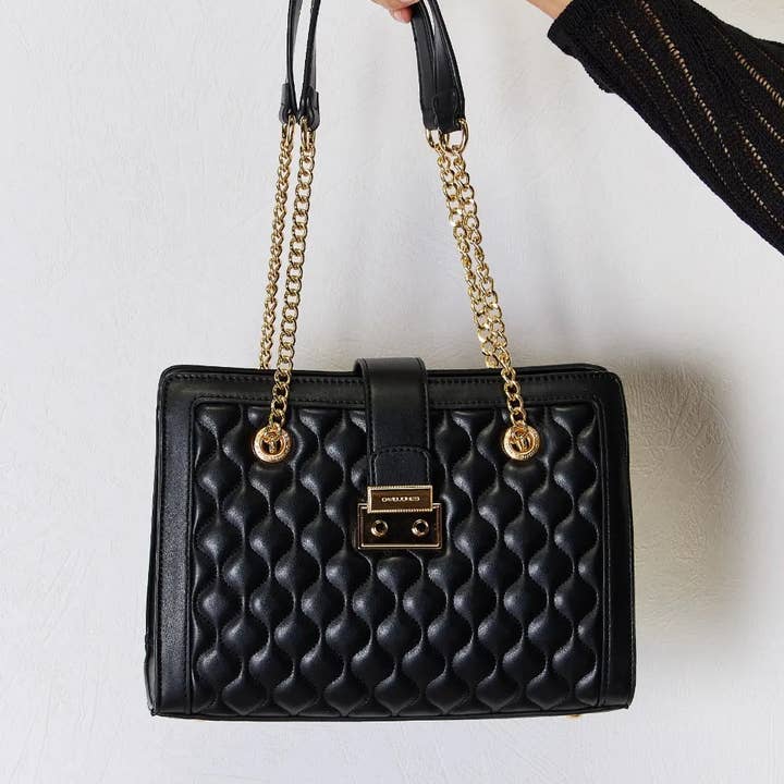 Black David Jones Quilted PU Leather Handbag for wholesale on Faire5
