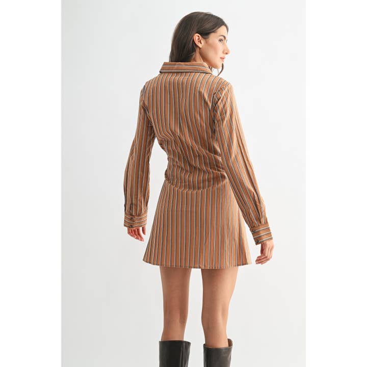 BROWN NAVY STRIPE STRIPED COLLARED SHIRT DRESS for wholesale on Faire9