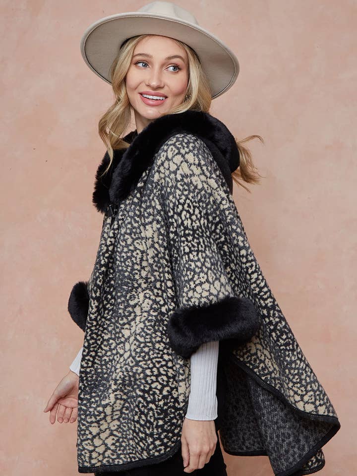 GREY MOCHA Faux Fur Trimmed Hooded Poncho for wholesale on Faire