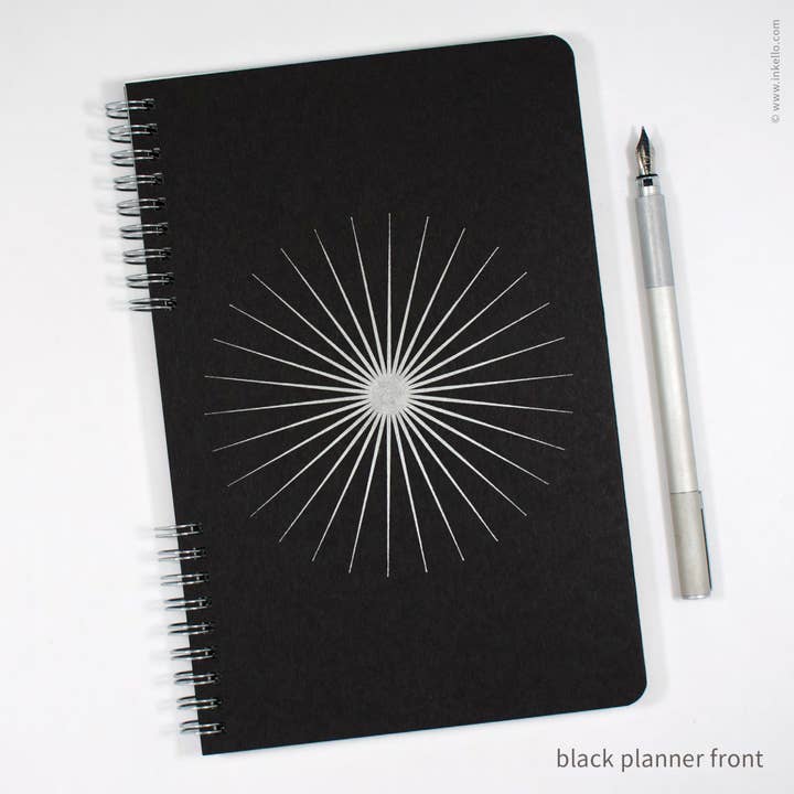 Big Burst Weekly Planner with Black Cover + Silver Ink #610 for wholesale by Inkello Letterpress
