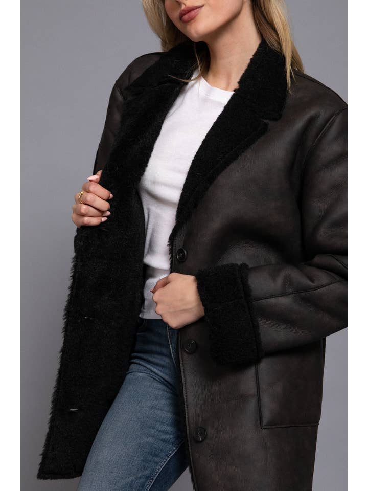 Active Basic | Active USA - Wholesale Leather Jacket - Women's - Lapel Collar Button Down Double Sided Faux Leather Coat8