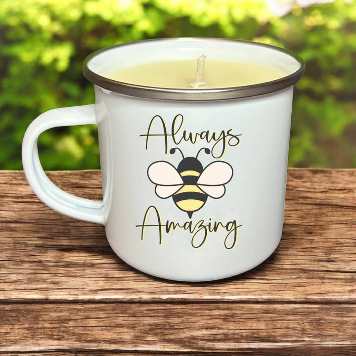 Always Be Amazing Enamel Camp Mug Candle, Soy Candle for wholesale by Clever Cow Candle Co