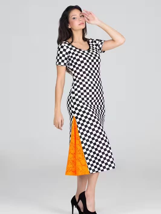 Women’s Chic Checkered Midi Dress with Navy Lace Slit for wholesale by Fever1 Fashion