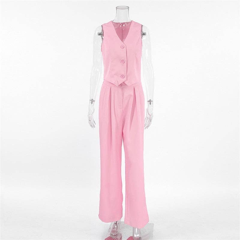 Sheer Trend - Wholesale Set met top en broek (GEEN Loungewear) - Dames - Effen Kleur Mouwloos Vest Wijde Broek Set7