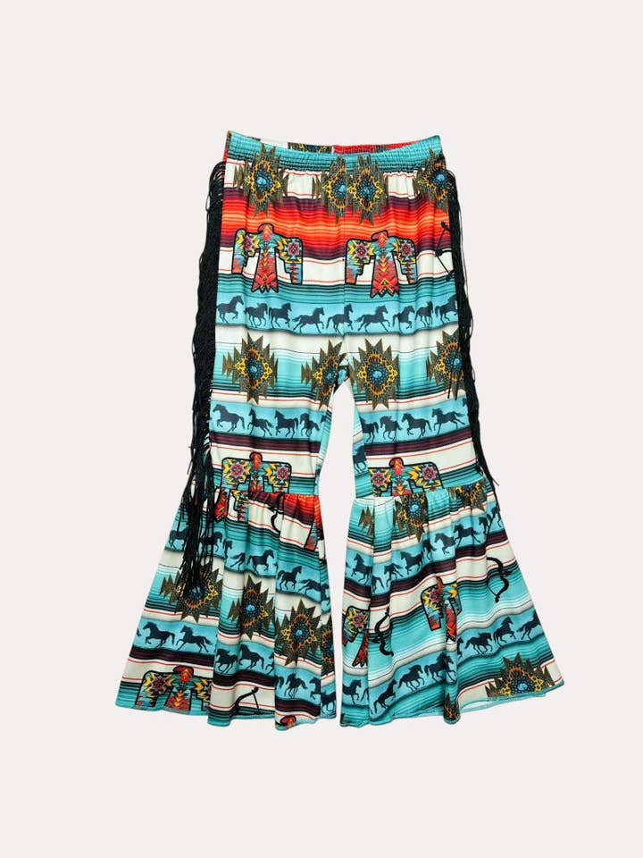 luluclothes - Wholesale Pants - Kids - Multicolor Aztec print bell bottoms girls pants w/fringe