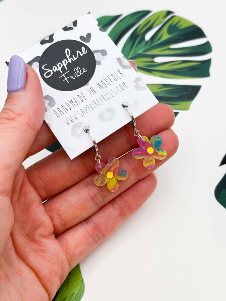 Small Rainbow Glitter Marble Flower 1cm Hoop Dangle Earrings for wholesale by Sapphire Frills Ltd