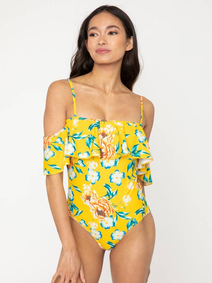 Off the shoulder ruffle one piece F1810 Bramble Yellow for wholesale by MARINA WEST SWIM