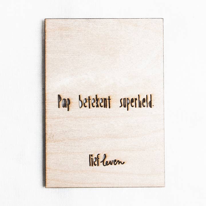 Houten kaart A6 pap betekent superheld - papa voor wholesale door Lief Leven