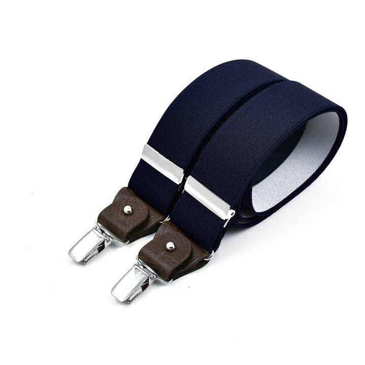 Wide clip-on suspenders with leather details - Navy for wholesale by Bertelles
