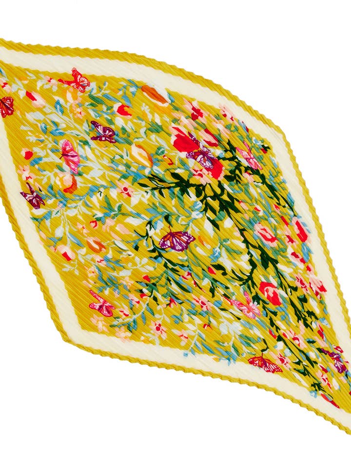 Pleated Floral Garden & Butterflies Silky Square Scarf for wholesale by SP Sophia Collection