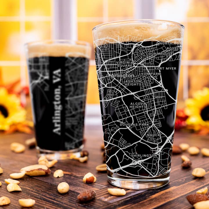 Arlington VA - Street Map - Engraved Pint Glass for wholesale by Blue Ridge Mountain Gifts