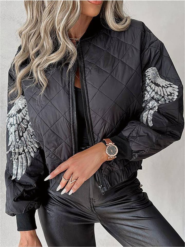 black Sequined padded quilted jacket for wholesale on Faire