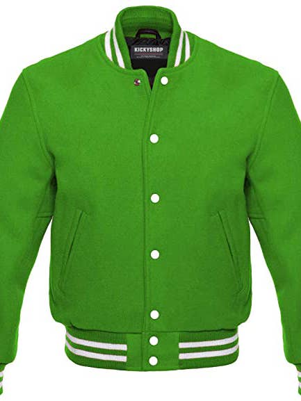 Melton Wool Varsity Jacket Letterman Jacket, Kelly Green for wholesale by Kicky Imports LLC
