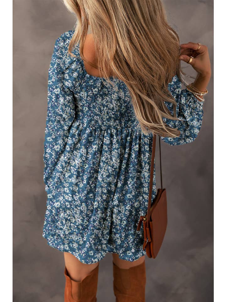 Blue Floral Sweetheart Neck Mini Dress for wholesale on Faire
