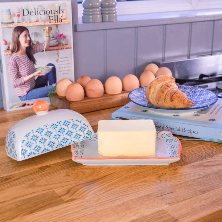 Rinkit Ltd - Wholesale Butter Dish - Nicola Spring Patterned Butter Dish with Lid Blue and Orange1