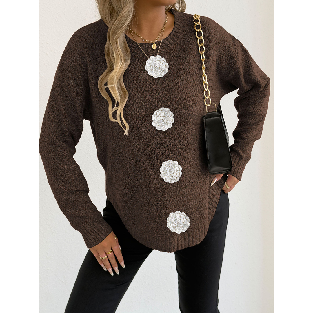 UNISHE - Wholesale Knit Sweater - Women's - Casual Button Crochet Floral Decor Pullover Sweater OYM2459