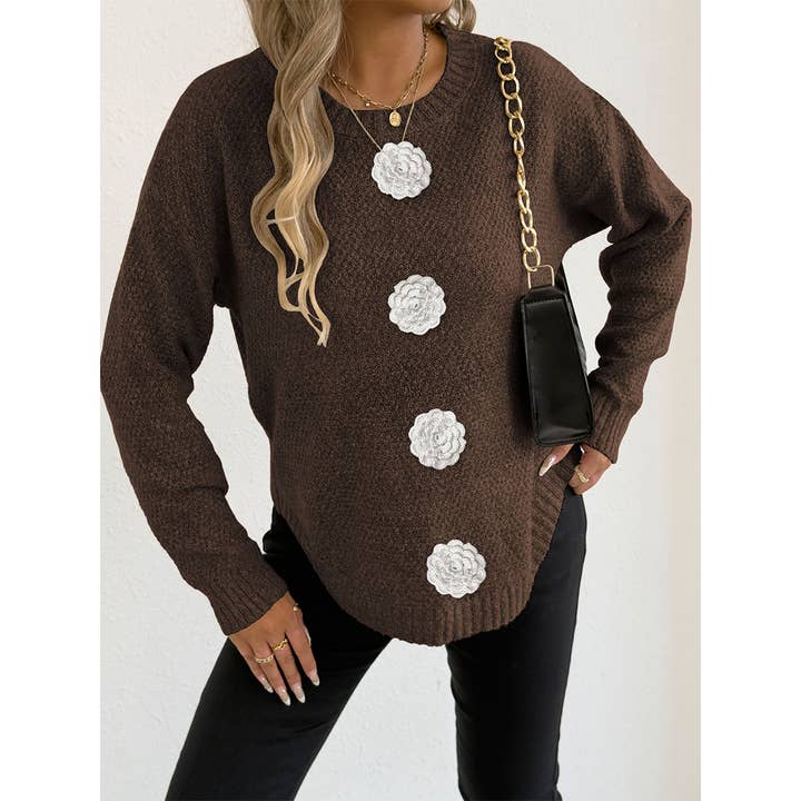 UNISHE – Großhandel Strickpullover – Damen – Lässiger Pullover mit Knopf, Häkelblumen-Dekor OYM2459