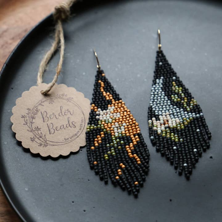 Sun and moon, handwoven beaded fringe earrings, silver-gold for wholesale by BerdorBeads